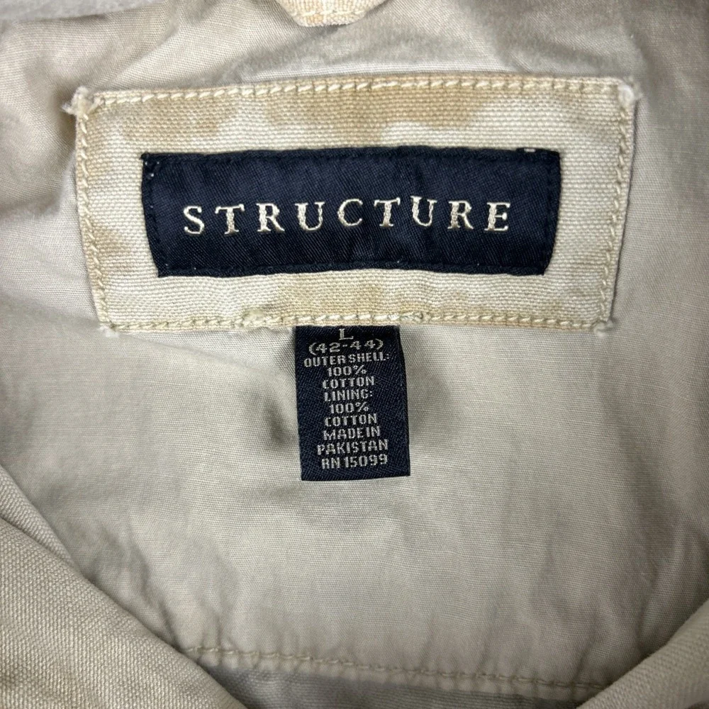 Structure‎ Mens Large Beige Chore Barn Coat Jacket Snap Zip Hooded Cotton